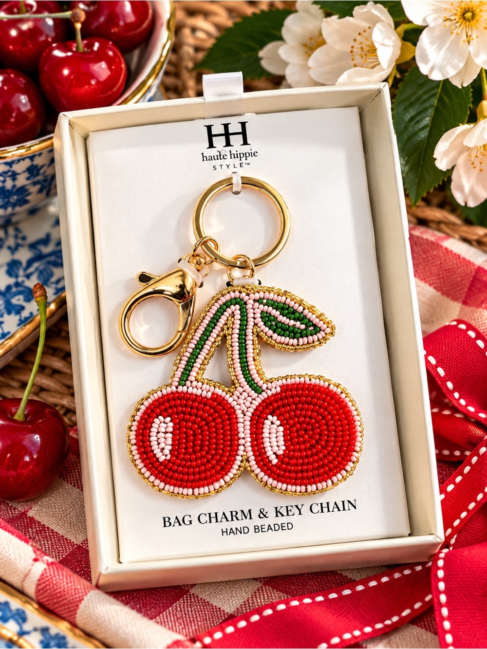 Haute Hippie Cherry Key‎ Holder - Red & Green Hand Beaded In Gift Box NWT
